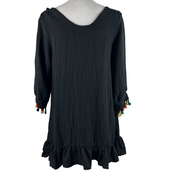 a Shappe Black Boho Tunic Top Blouse Small/Medium Tassels Green Yellow Orange - Picture 2 of 9